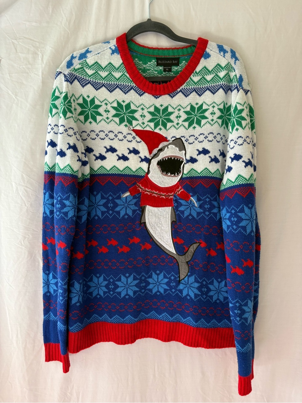 Blizzard Bay Men’s Holiday Crewneck Sweater in Blue, White, Green & Red